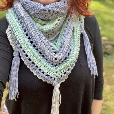Soft Cotton Striped Crochet Triangle Scarf in Periwinkle, Mint, and White - image1